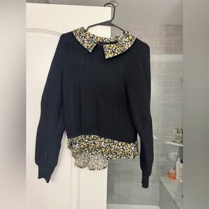 Maeve Anthropologie black cable knit floral collar twofer sweater